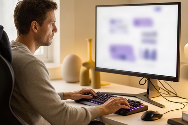 Player reviewing account settings beside a gaming computer in a softly lit home office